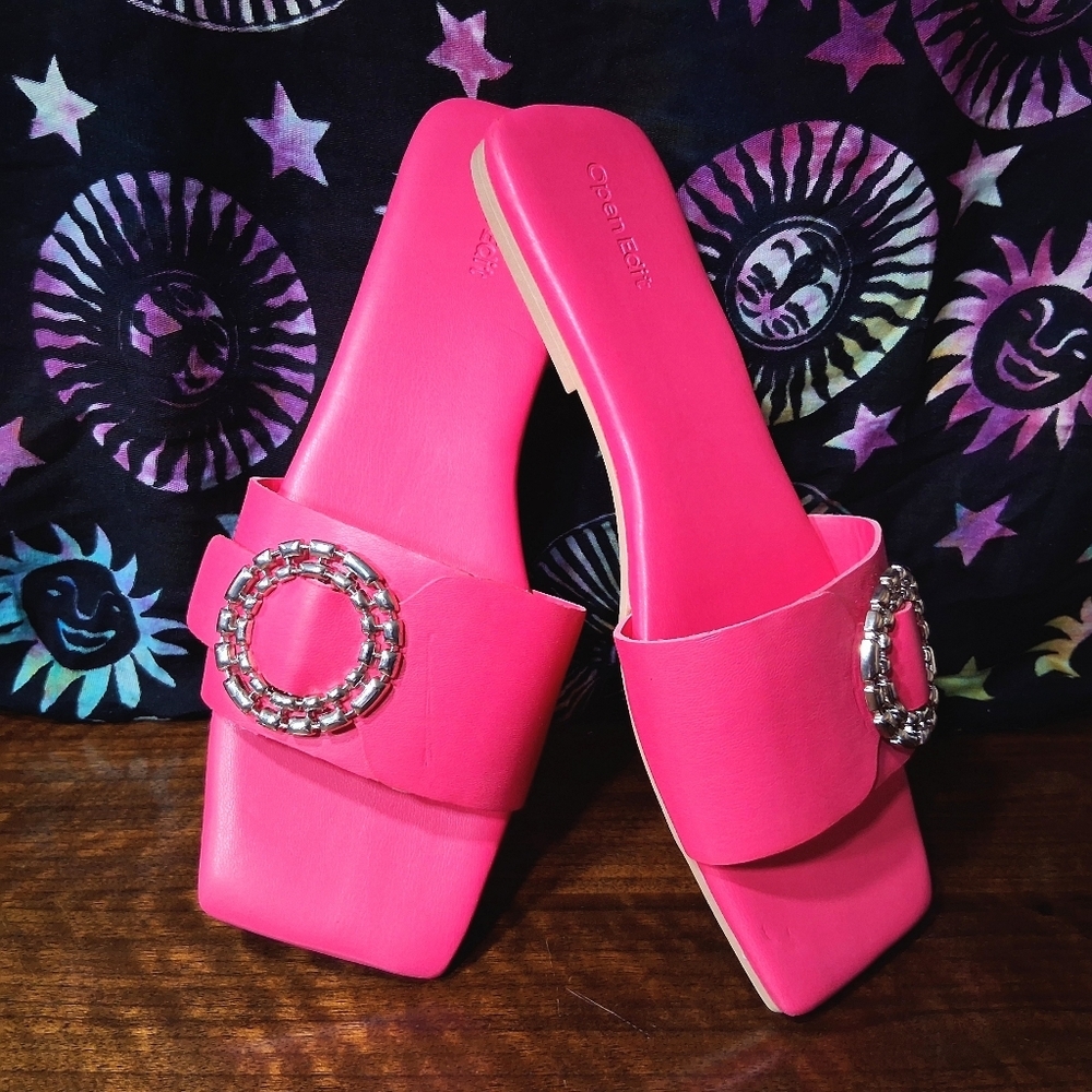 Open Edit Lely Slides Sandals Pink Silver Buckle Square Toe Size 9 Flip Flops - Picture 11 of 13